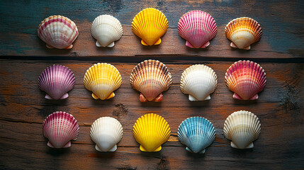 A creative flat lay of various colorful seashells arranged in a symmetrical pattern on a textured wooden surface, illuminated by soft natural light