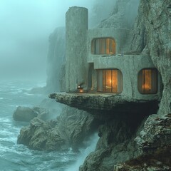 Wall Mural - Oceanside clifftop home, misty, dramatic.