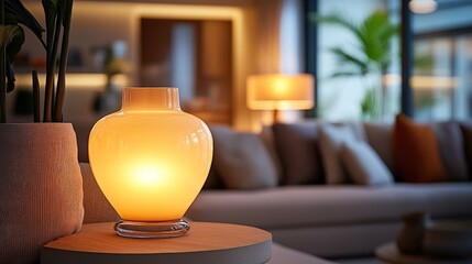 Canvas Print - Illuminated glass vase lamp on table, blurred living room.