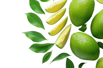 Fresh mango slices and whole mangos arranged with green leaves on a white background