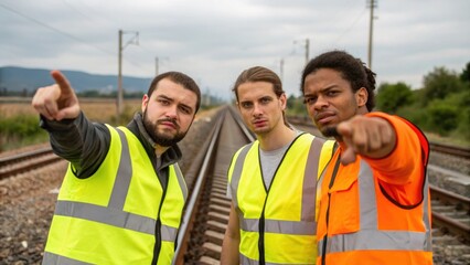 A medium closeup of team members in fluorescent vests communicating pointing to a section of railway needing additional ballast.