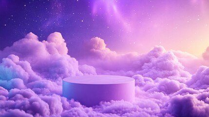 Wall Mural - purple cylinder platform on dreamy cloudscape under a vibrant night sky.