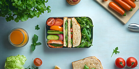 Wall Mural - Top-down view of office table with healthy lunch box featuring sandwich and veggies. Copy space available. Flat lay.