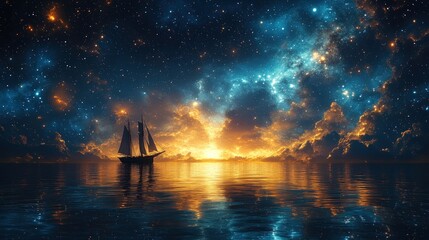 Wall Mural - Sailboat on calm sea, vibrant cosmic sunset.