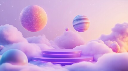Wall Mural - pastel planets and clouds surround a three-tiered purple platform.