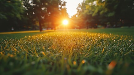 Canvas Print - Grass field, sunburst, trees, park, nature backdrop