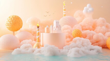 Wall Mural - pastel-colored fantasy island scene with castle, clouds, and orbs.