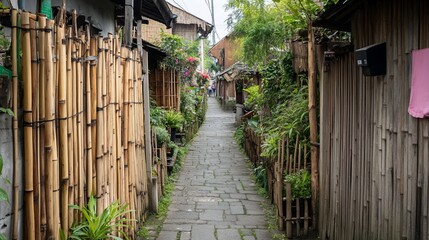 Poster - Narrow, stone path between bamboo fences in a lush, green village alley.