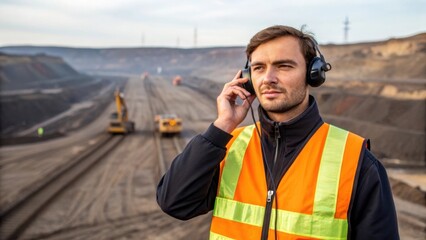 Fototapete - Medium closeup of an operator in a reflective safety vest communicating through a headset while surveying a vast open pit mine with machinery operating in the background.