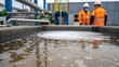 © DigitalSpace - Medium closeup of a water tank filling with treated desalinated water bubbles rising to the surface while workers in safety gear monitor the process from a distance.