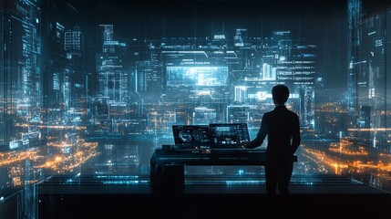 Person working at night in front of a large screen showing a futuristic city.