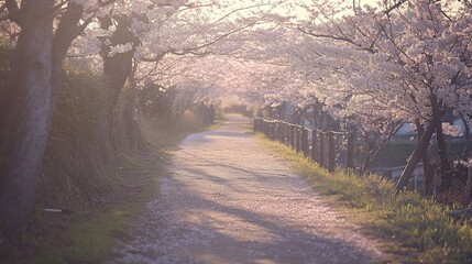 Sticker - Sunlit path under blossoming cherry trees.