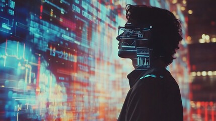 Man silhouetted against vibrant data streams, representing technology and innovation.