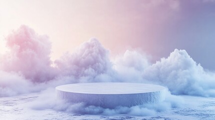 Wall Mural - circular platform in a dreamy, pastel-colored cloudscape.