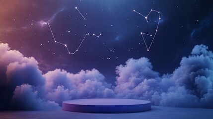 Wall Mural - abstract cosmic night scene with a round platform on clouds.