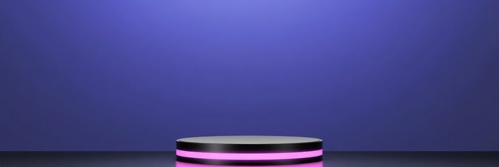 Wall Mural - Abstract Black Platform with Purple Neon Lights - Minimalist product display, purple neon glow, modern design, sleek black platform, empty stage.  Symbolizes: elegance, modernity, technology, mystery,