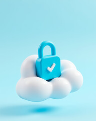 3d rendering of a blue padlock with a white checkmark on a fluffy white cloud symbolizing secure cloud storage