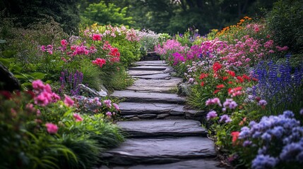 Poster - Stone steps ascend through a vibrant, colorful garden filled with blooming flowers.