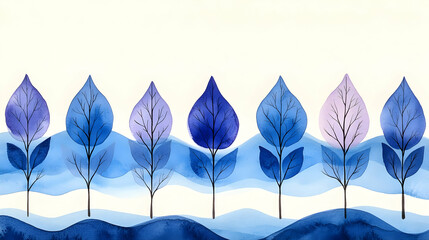 Blue watercolor trees, winter landscape, border design
