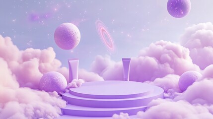 Wall Mural - pastel purple podium with planets and clouds in a dreamy cosmic scene.