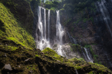 Wall Mural - This truly majestic Tumpak Sewu Waterfall is beautifully framed by vibrant, colorful foliage, showcasing the incredible beauty of nature in a tranquil, idyllic landscape setting, East Java, Indonesia