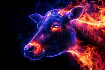 Wall Mural - fiery cow portrait - a vibrant image of a cow's head engulfed in flames, with blue and orange hues d