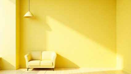 Wall Mural - pale yellow couch sits against a sunny yellow wall in a minimalist room.