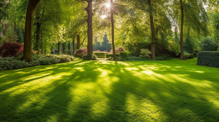 Wall Mural - a green park bathed in morning sunshine. summer splendor in the heart of the forest