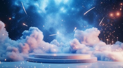 Wall Mural - dreamy cosmic scene with glowing platform in clouds.