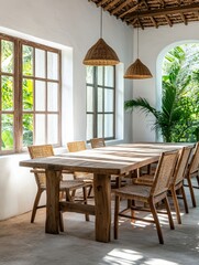 Wall Mural - Rustic Wooden Dining Room Table and Chairs - A rustic dining room features a large wooden table, woven chairs, and natural light streaming through windows. It symbolizes serenity, warmth, natural beau