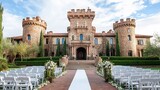 Majestic stone castle wedding venue with aisle and chairs.