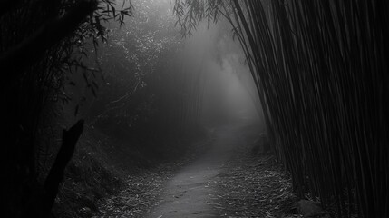 Sticker - Foggy path through bamboo forest.