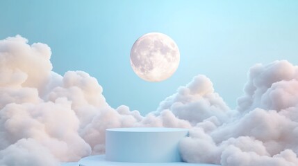 Wall Mural - pastel moonlit sky with fluffy clouds and a platform.