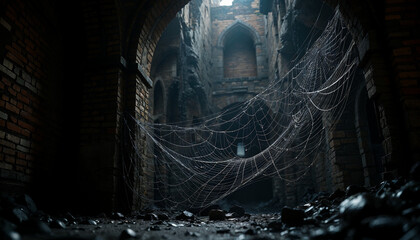 Abstract composition featuring intricate cobwebs that glisten subtly against a backdrop of weathered brick walls, suggesting an atmosphere steeped in history. Dark, shadowy shape