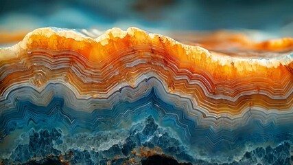 Wall Mural - Close-up view of colorful agate stone displaying vibrant, layered patterns in shades of orange and blue.