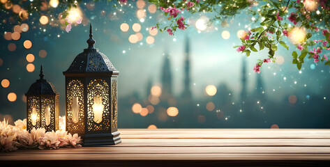 Wall Mural - A lantern is placed on a wooden table with a beautiful background for the Muslim feast of the holy month of Ramadan Kareem.