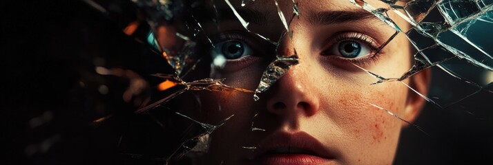 Leinwandbilder - Fragmented reflection of a person through shattered glass at night in a dimly lit space. Generative AI
