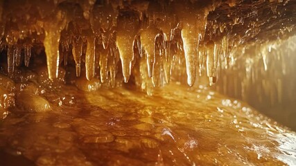 Wall Mural - Stalagmites and stalactites glistening in a cave showcasing natural formations of mineral deposits.