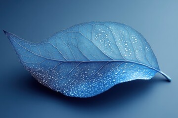 A delicate blue leaf with intricate details and droplets on a smooth background.