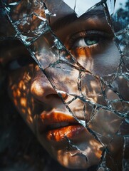 Leinwandbilder - Shattered glass reflects fragmented features of a persons face in a dramatic light, capturing intricate emotions and depth. Generative AI
