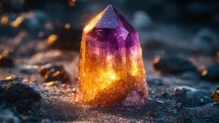 Wall Mural - A stunning purple and orange crystal reflecting light in a dark environment, showcasing its natural beauty.