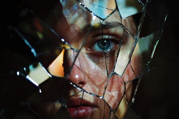 Aufkleber - Reflections of a fractured face captured in shattered glass revealing emotion and complexity. Generative AI