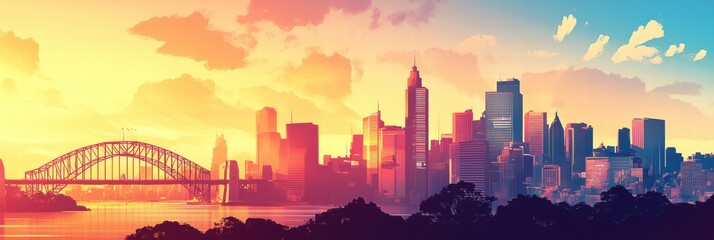 Sticker - Stunning urban skyline with iconic towers and bridges during a vibrant sunset. Generative AI