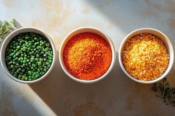 Sticker - Three minimalistic bowls filled with green peas, orange lentils, and yellow split peas arranged on a textured surface