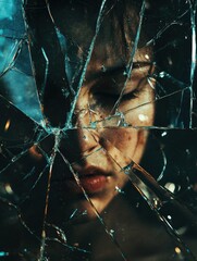 Leinwandbilder - Shattered glass reflects intricate emotions and fragmented identity in a dramatic close up of a persons face. Generative AI