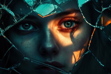 Leinwandbilder - Shattered glass reflects fragmented parts of a persons face in abstract and emotional artistry. Generative AI
