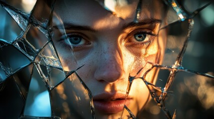 Leinwandbilder - Shattered glass reflecting a young persons fragmented face in a dramatic and emotional composition. Generative AI