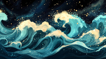 Wall Mural - Shimmering waves in a cosmic ocean with teal and indigo. Galactic Ocean Glow. Illustration