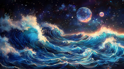 Wall Mural - Shimmering waves in a cosmic ocean with teal and indigo. Galactic Ocean Glow. Illustration