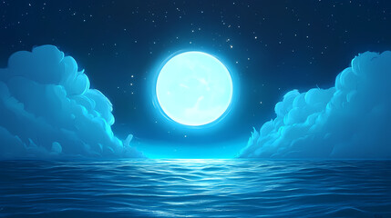 Wall Mural - Tranquil ocean night with a radiant full moon casting its glow over calm waters under starlit clouds. Galactic Ocean Glow. Illustration